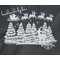 Gray with a winter scene of six snow-covered Christmas trees, with pink ornaments. Above trees is Santa and his sleigh, pulled by 8 reindeer